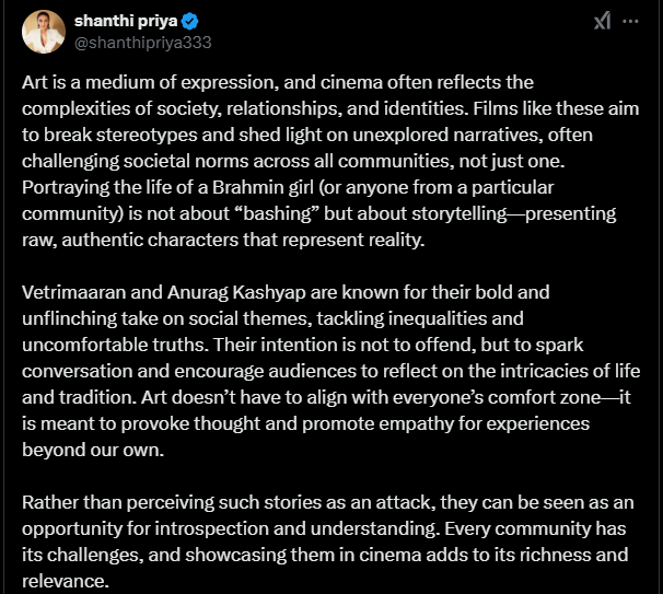 Shanthi Priya responds to director Mohan G Kshatriyan's criticism of Bad Girl.